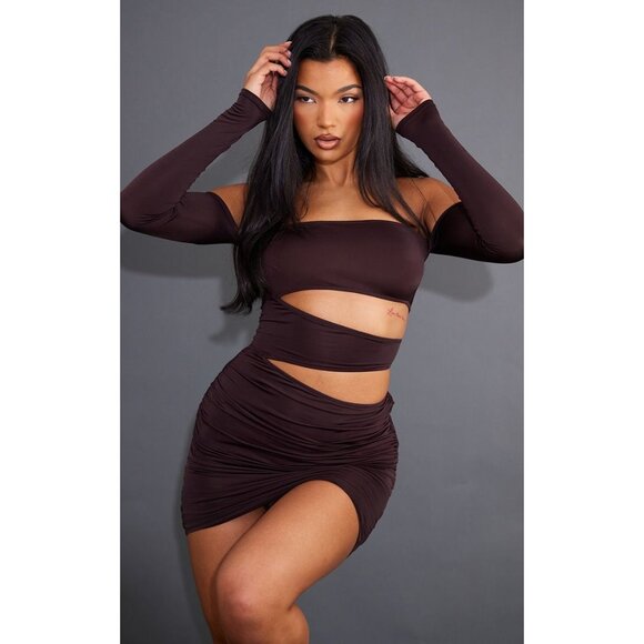 Chocolate Slinky Cut Out Bodycon Mini Dress Size 4 Bardot Y2K Baddie Clubwear - Picture 7 of 11